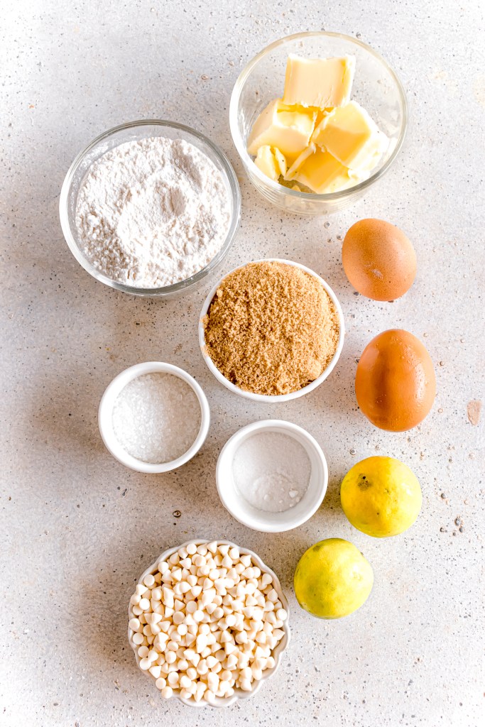 ingredients for lemon and white chocolate cookies