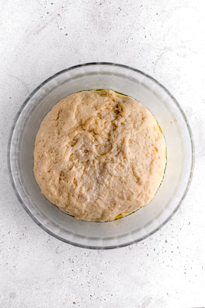 yeast dough for star bread bulk fermented in a bowl